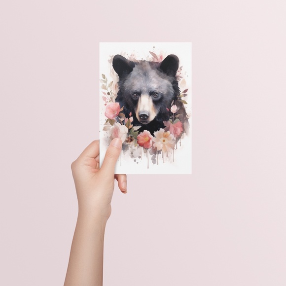 Watercolor Floral Black Bear Portrait Wall Art Illustration Print Unframed - Picture 5 of 5